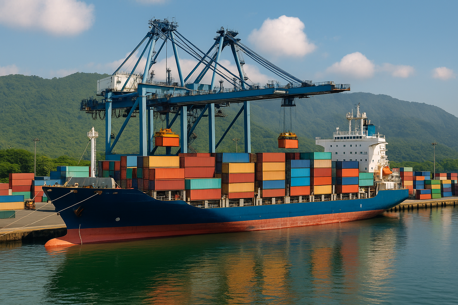 a wide, stock-style featured image: A modern container port in Costa Rica. Cargo ship docked, colorful containers, cranes in background. Lush green mountains faint in the distance (hint of Costa Rican geography). Bright daylight, clear sky with some clouds. Professional stock-photo look.